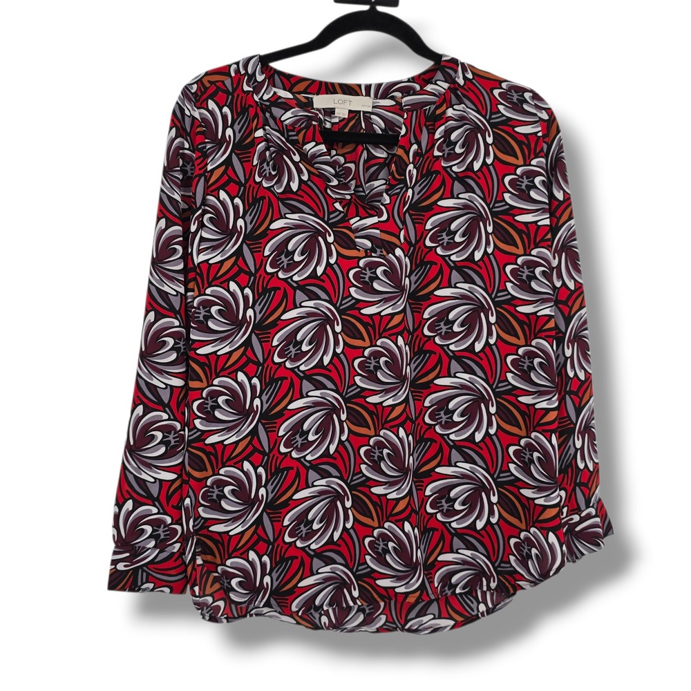 LOFT Womens Red Floral Abstract Split V-Neck Long Sleeve Blouse Top Petite XS